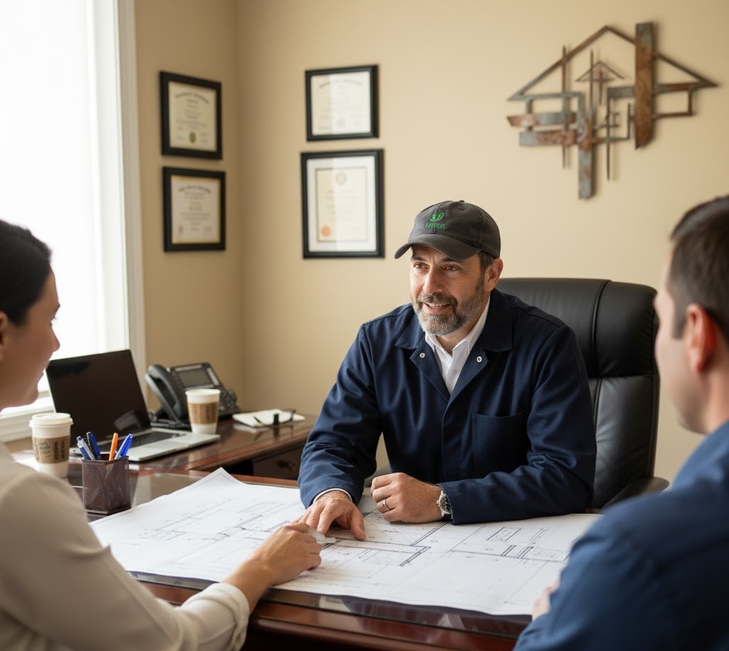 Reese Sterling consulting with clients at Eminent Chimney Sweep office in Burleson, TX